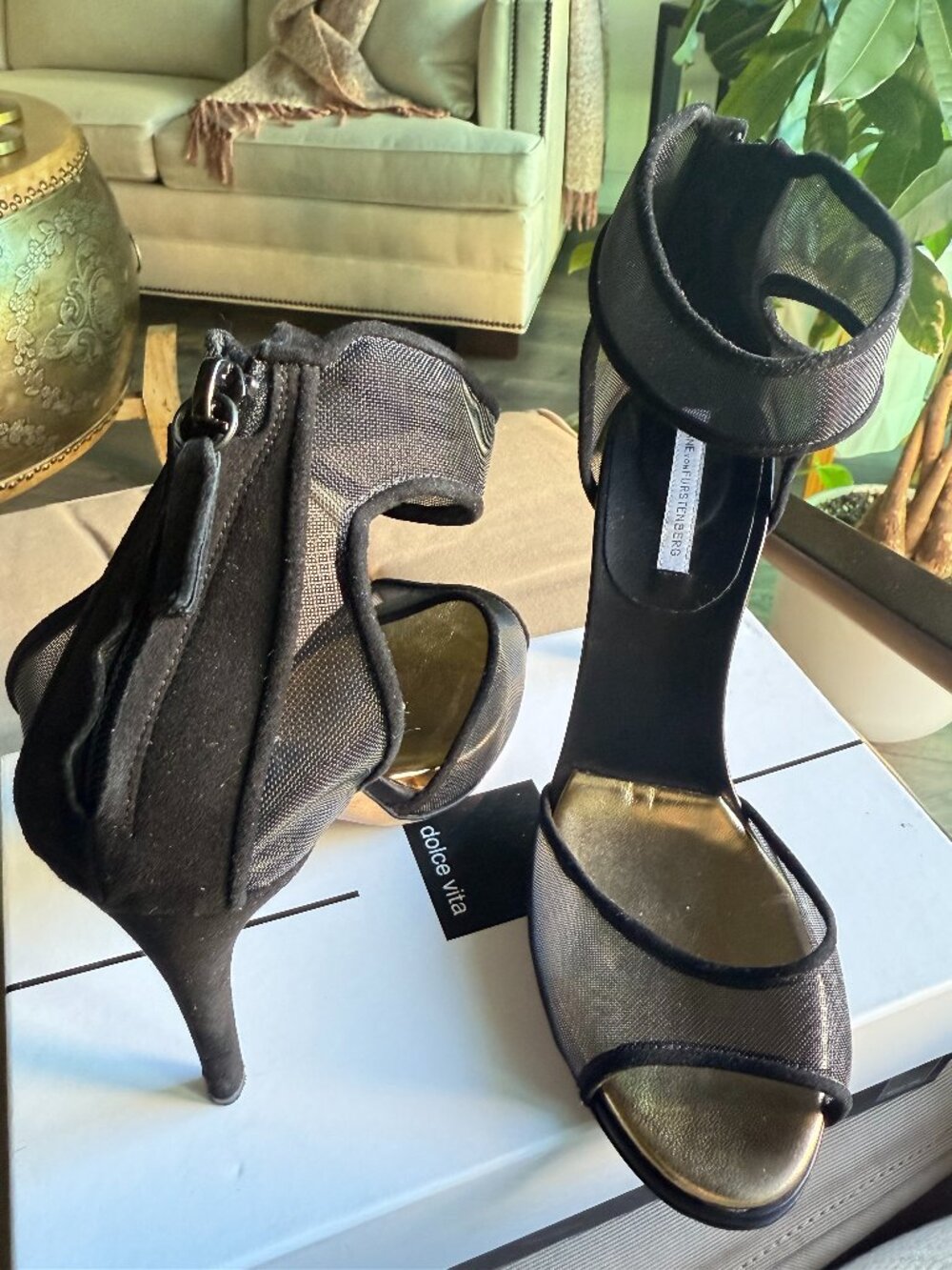 Diane von Furstenberg Bianca Black Mesh Stiletto Sandals